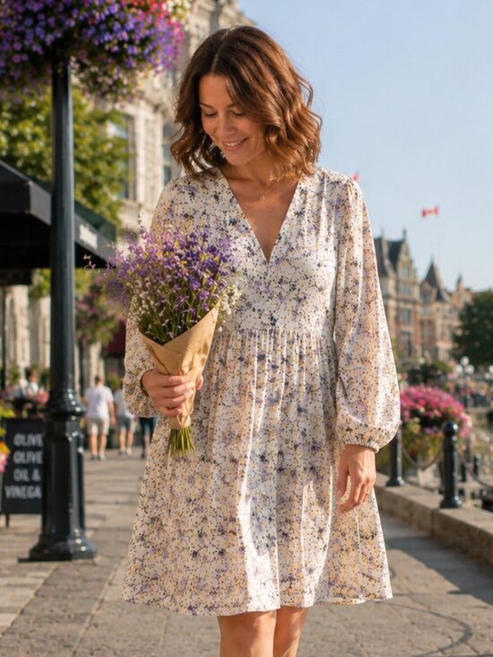 Minimum Dresses & Skirts - Minimum Floral Long Sleeve Mini Dress Cream Purple V Neck Relaxed Fit Viscose